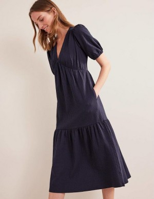 Navy Women's Boden Jersey Seersucker Midi Dress | 20958ZVJY