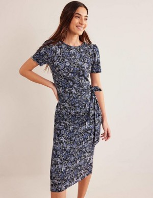 Navy Women's Boden Knot Front Jersey Midi Dress | 79386SFDI