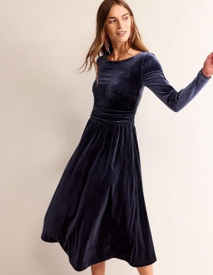 Navy Women's Boden Lois Velvet Dress | 03549SXHW