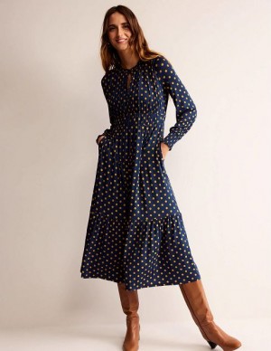 Navy Women's Boden Long Sleeve Ruched Dress | 07516HJAF