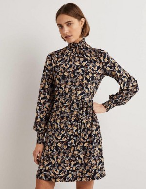 Navy Women's Boden Navy Floral High-neck Dress | 34710UDZV