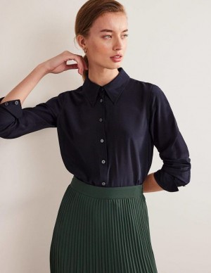 Navy Women's Boden New Silk Shirts | 74381ZCDR