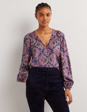 Navy Women's Boden Placement Border Print Tops | 39785KMJI