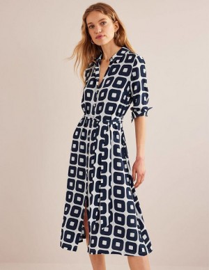 Navy Women's Boden Printed Shirt Dress | 76249MAPZ