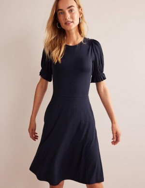 Navy Women's Boden Puff Sleeve Jersey Mini Dress | 25490ZDGK