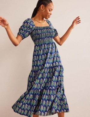 Navy Women's Boden Smocked Bodice Maxi Dress | 28530LOEZ