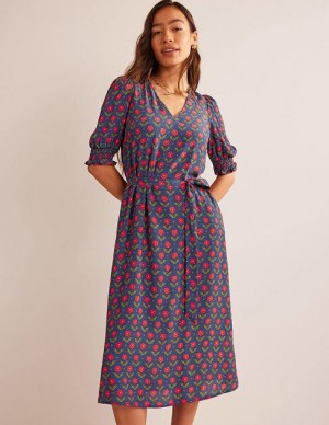 Navy Women's Boden Smocked-cuff Midi Dress | 85926XDTE