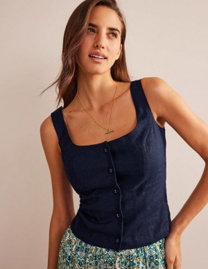 Navy Women's Boden Square Neck Button Tops | 80721LORU