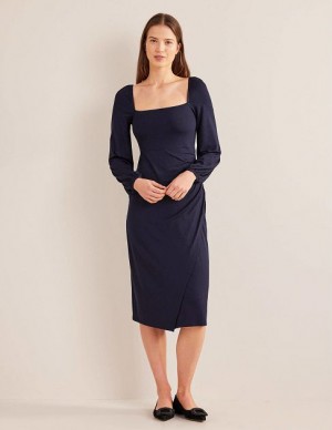 Navy Women's Boden Square Neck Jersey Midi Dress | 63450MWDJ