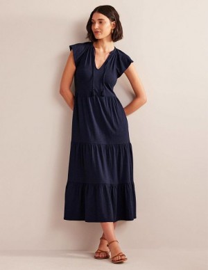 Navy Women's Boden Tiered Jersey Midi Dress | 10382HLEQ