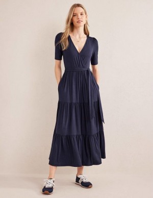 Navy Women's Boden Tiered Wrap Jersey Maxi Dress | 76542IFHE