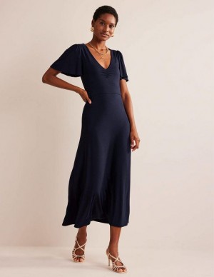 Navy Women's Boden V-neck Jersey Midi Dress | 13524OKEL