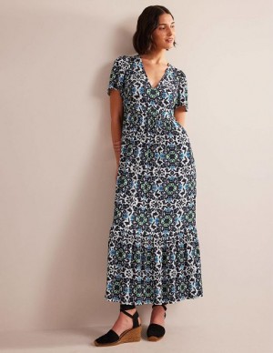 Navy Women's Boden V-neck Tiered Maxi Dress | 65413DRCO