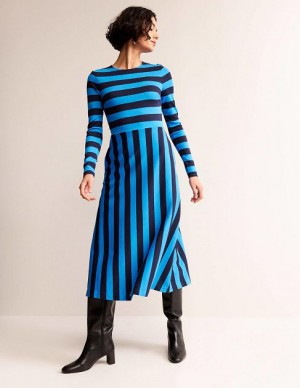 Navy / Blue Stripes Women's Boden Stripe Jersey Midi Dress | 70419FURC