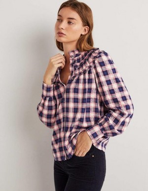 Navy / Copper Women's Boden Frilled High Neck Shirts | 82365TKLP