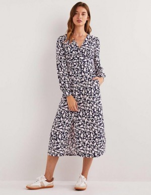 Navy / Flower Women's Boden Button Through Midi Dress | 02756KVRT