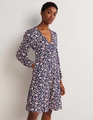 Navy / Flower Women's Boden Easy Fixed Wrap Jersey Dress | 94823AHRS