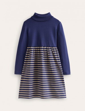 Navy / Metal Stripes Kids' Boden Roll Neck Jersey Dress | 30851UXPK