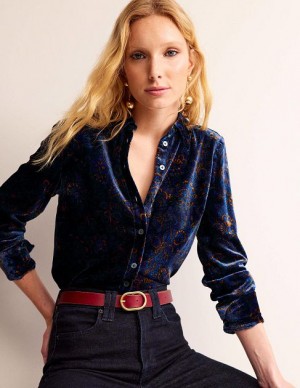 Navy / Pink Women's Boden Sienna Velvet Shirts | 12790HDMC