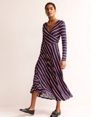 Navy / Red / White Stripes Women's Boden Hotch Stripe Jersey Midi Dress | 69823CTLN