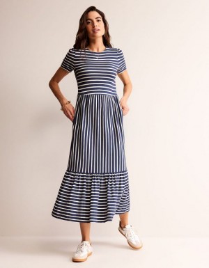 Navy / White Stripes Women's Boden Emma Tiered Jersey Midi Dress | 79308YPOB