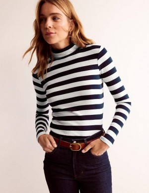 Navy / White Women's Boden Anna Rib Roll Neck Tops | 28401ZCXB