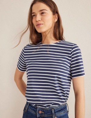 Navy / White Women's Boden Bea Short Sleeve Breton T-Shirt | 26534CNBF