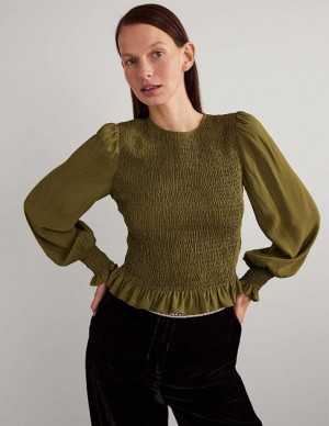 Olive Women's Boden Crew Neck Smocked Bodice Tops | 76018DRUM