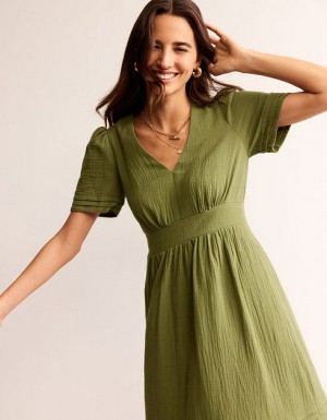 Olive / green Women's Boden Eve Double Cloth Midi Dress | 87462KWZT