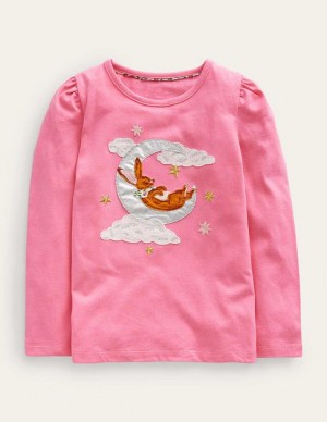 Pink Kids' Boden Appliqué Puff-sleeve Tops | 16250HMTA