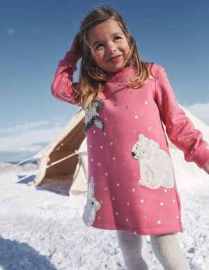 Pink Kids' Boden Cosy Appliqué Sweat Shirt Dress | 31980LOUC