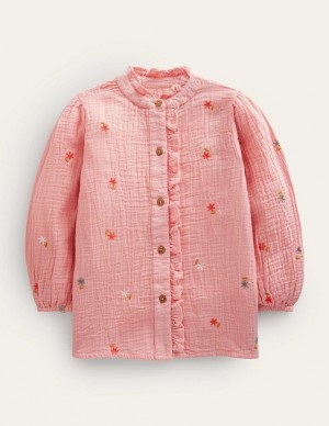 Pink Kids' Boden Double Cloth Embroidered Tops | 15273GTMW