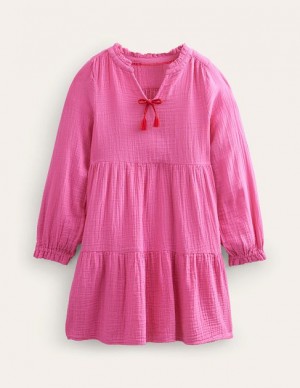 Pink Kids' Boden Double Cloth Tiered Dress | 09247RFAQ