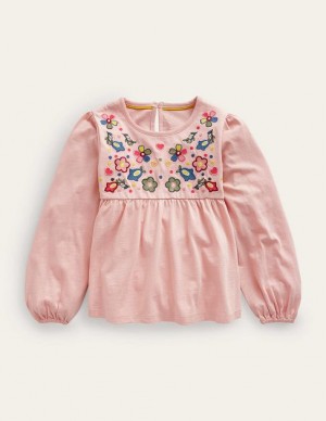 Pink Kids' Boden Embroidered Jersey Tops | 13549ZKCG