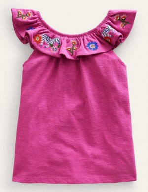 Pink Kids' Boden Frill Embroidered Tops | 42960GLEW