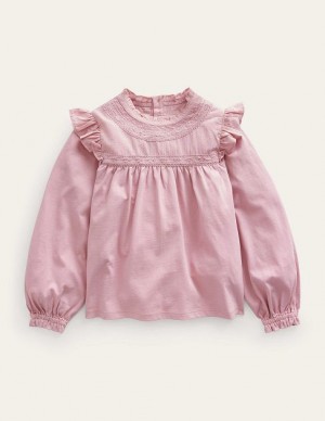 Pink Kids' Boden Lace Detail Jersey Tops | 52674ZLNU