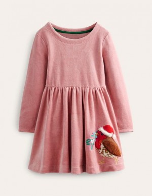 Pink Kids' Boden Twirly Velour Appliqué Dress | 13574FVSK