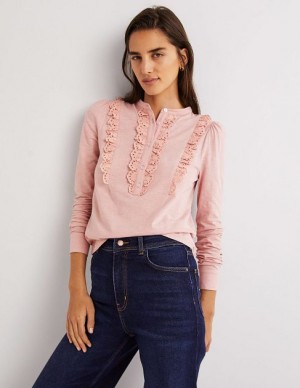 Pink Women's Boden Broderie Ruffle Jersey Tops | 07129FWYM