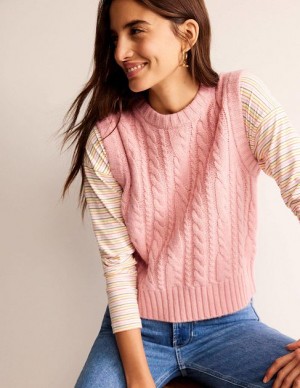 Pink Women's Boden Cable Crew Neck Sweater Vest | 75109ESBD