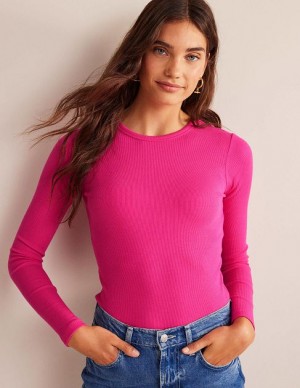 Pink Women's Boden Cotton Ribbed Long Sleeve Tops | 97358LYIH