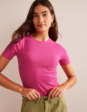 Pink Women's Boden Crew Neck Rib T-Shirt | 04693QGXF