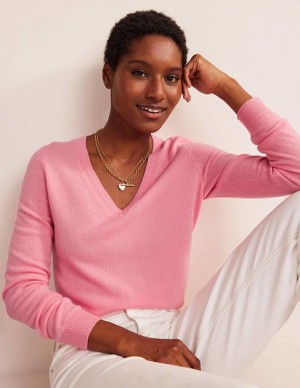 Pink Women's Boden Eva Cashmere V-neck Sweaters | 29480MZDE