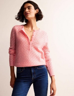 Pink Women's Boden Fluffy Henley Pointelle Jumpers | 54123DGQP