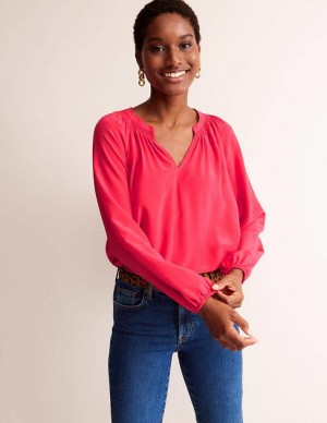 Pink Women's Boden Gathered Neck Silk Blouse | 07139OQXK