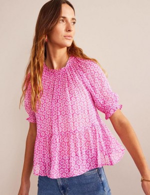 Pink Women's Boden Gathered Sparkle Georgette Tops | 75039HKPS