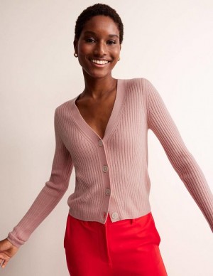 Pink Women's Boden Ribbed Merino V Cardigan | 59261PTIQ