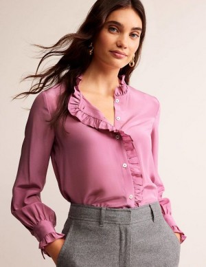 Pink Women's Boden Ruffle Neck Silk Blouse | 10653MSXN