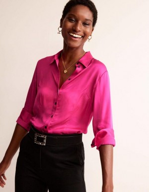 Pink Women's Boden Saskia Satin Shirts | 80732JXAN