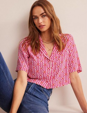 Pink / Azure Women's Boden Cropped Revere Printed Shirts | 57012ULDJ