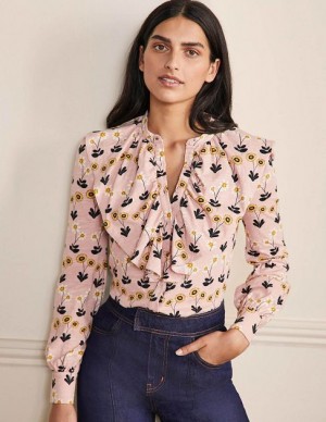 Pink / Black / Yellow Women's Boden Ruffle Front Jersey Shirts | 94810CLQH